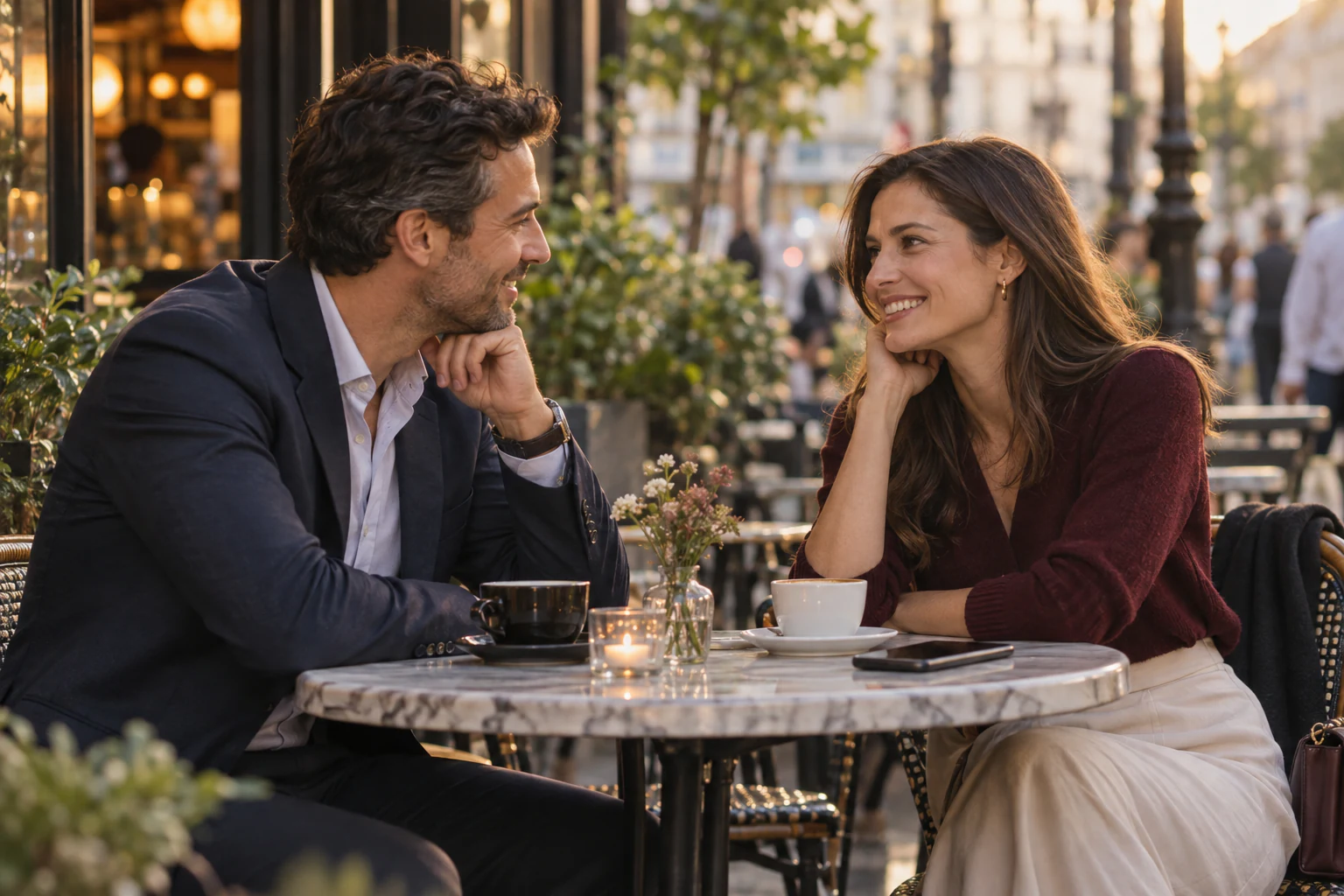 Two busy professionals meeting for a relaxed early evening date at a city cafe