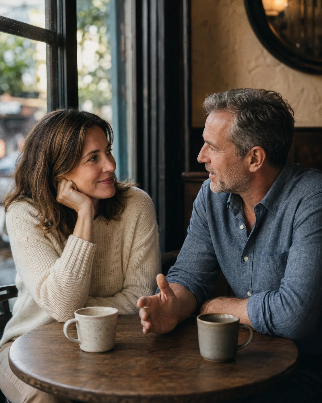 Two adults sharing a relaxed conversation over coffee beside a café window.