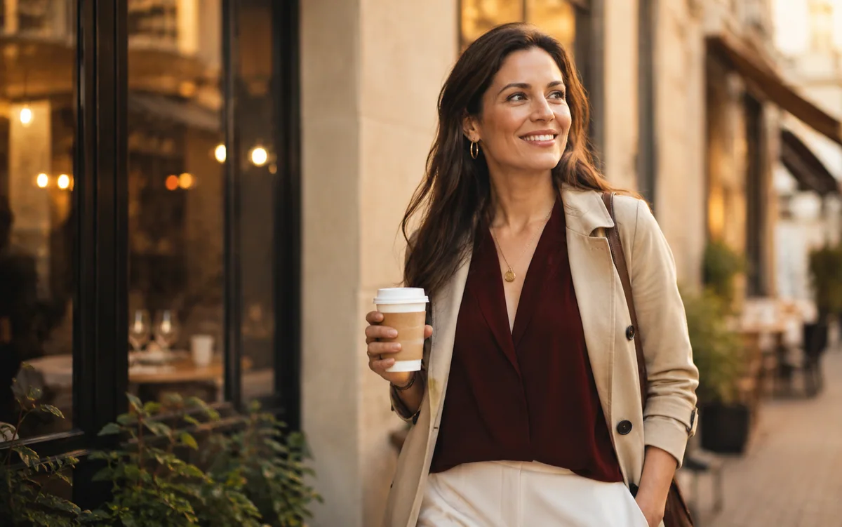 A confident professional woman walking past a city café in warm evening light