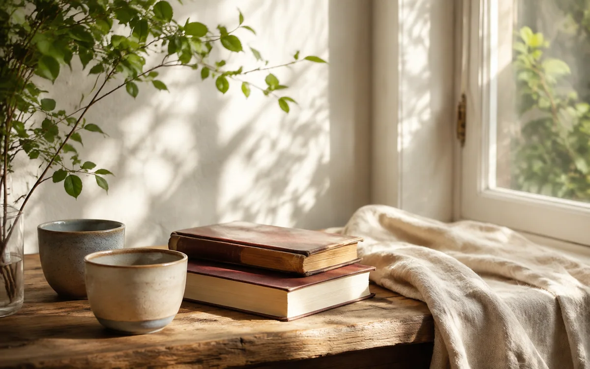 Two ceramic cups and books in a warm sunlit room