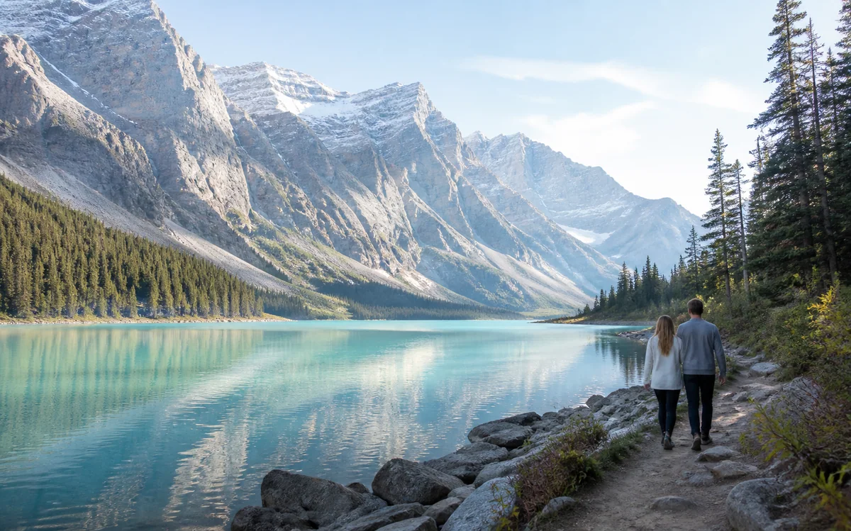 A couple walking beside a calm mountain lake