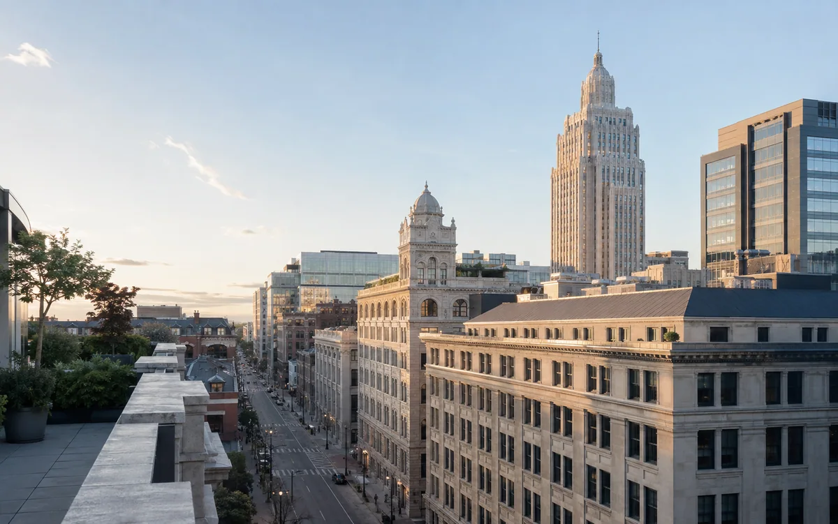 A city skyline in soft early morning light
