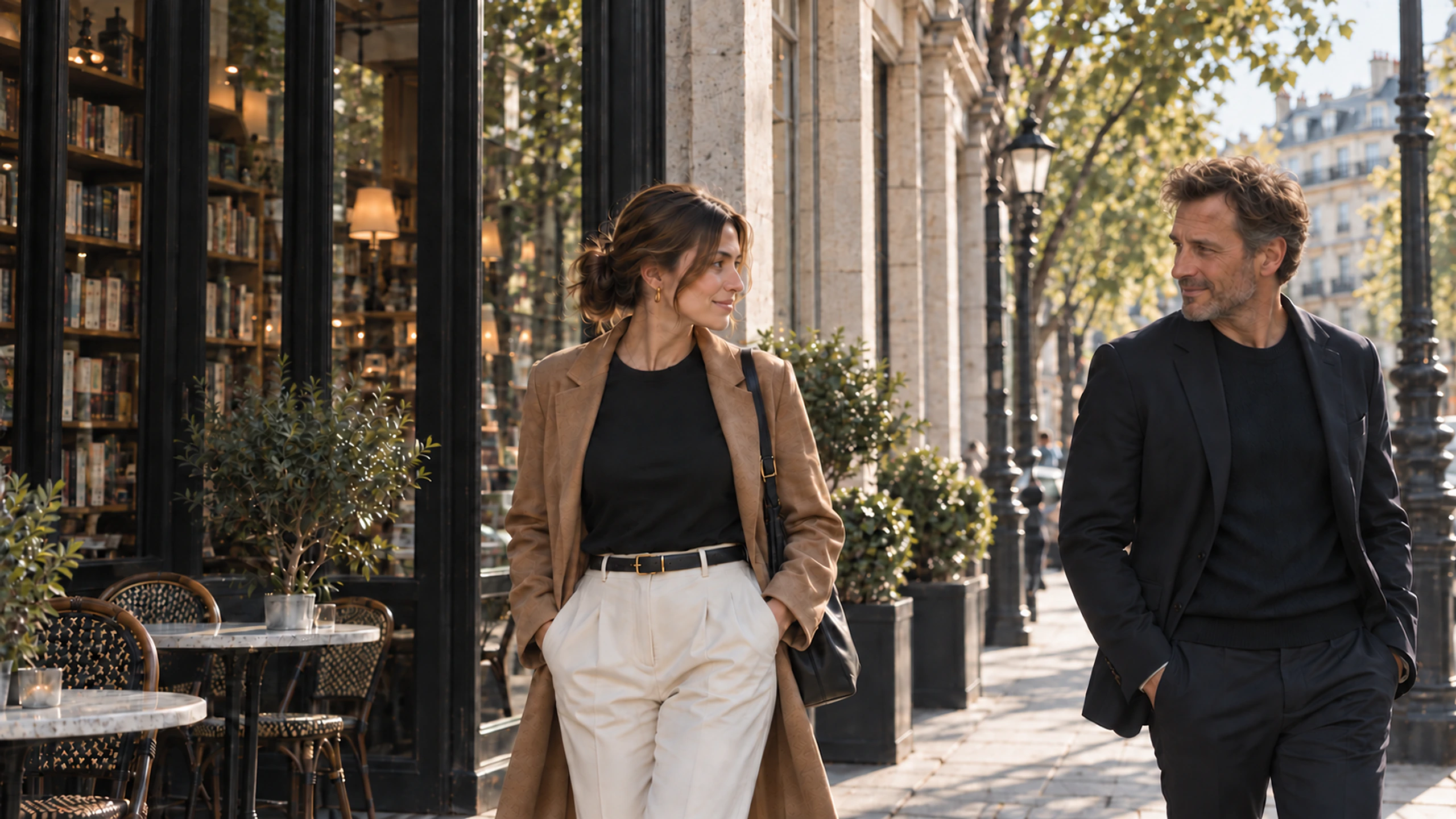 A woman and man share a natural glance while walking past a city bookstore in warm afternoon light