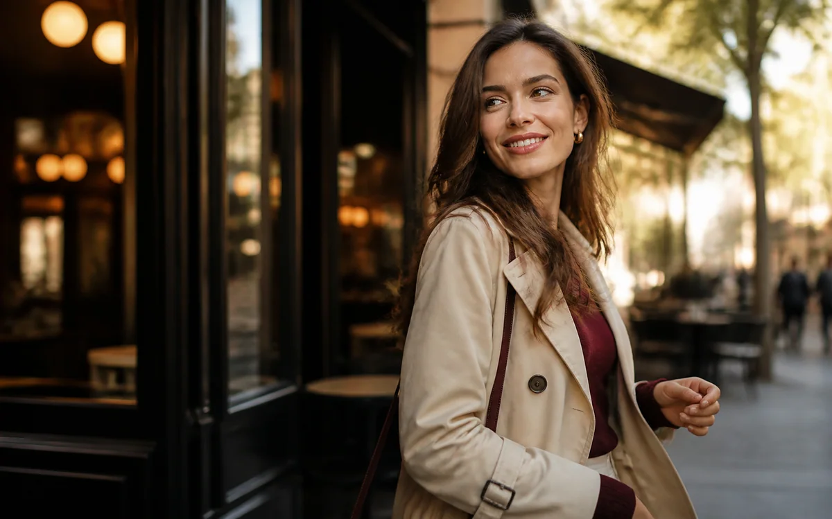 A confident young woman enjoying a warm evening near a city café