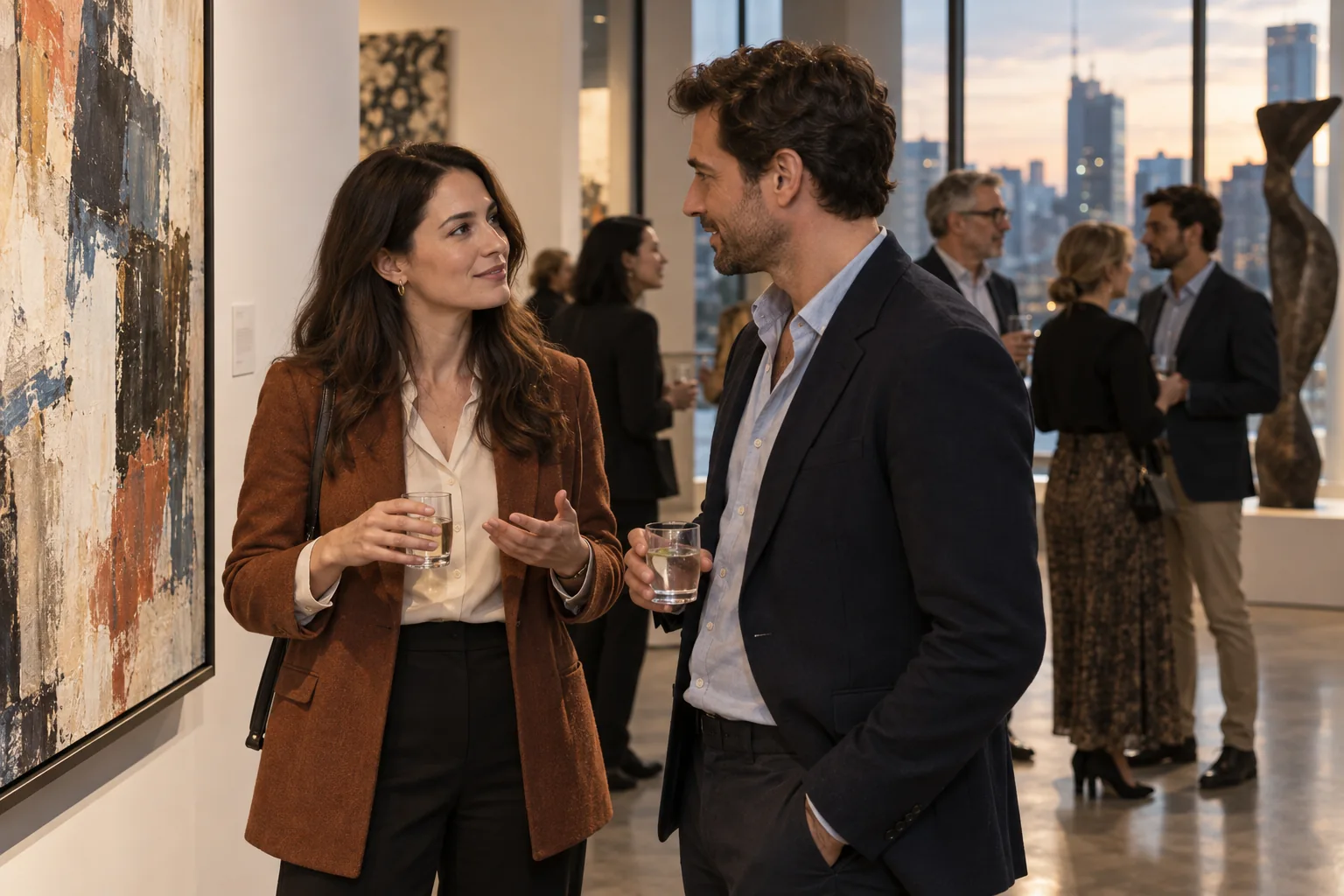 Two professionals talking at an evening art gallery event
